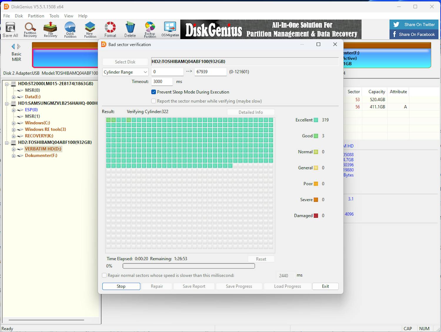Trinn 4: Nå starter skanningen. De grønne fargene betyr at disken er frisk og feilfri. La programmet jobbe seg ferdig.